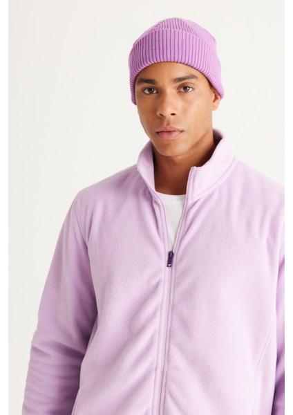 Erkek Lila Anti-pilling Tüylenme Yapmayan Standart Fit Dik Bato Yaka Sweatshirt Polar Ceket