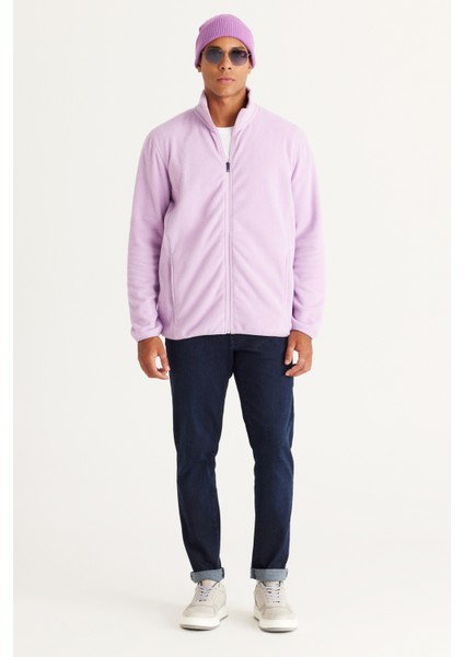 Erkek Lila Anti-pilling Tüylenme Yapmayan Standart Fit Dik Bato Yaka Sweatshirt Polar Ceket