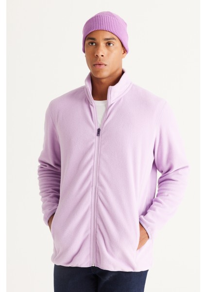 Erkek Lila Anti-pilling Tüylenme Yapmayan Standart Fit Dik Bato Yaka Sweatshirt Polar Ceket