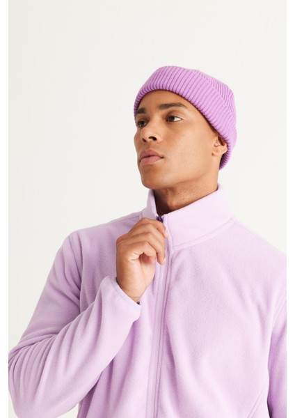 Erkek Lila Anti-pilling Tüylenme Yapmayan Standart Fit Dik Bato Yaka Sweatshirt Polar Ceket