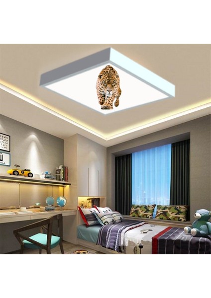 Leopar Desenli 60X60 Çocuk Odası Avize Modelleri, 54WAT Led, Tavana Model Avize, Baskılı Çocuklar Için Kare Avize