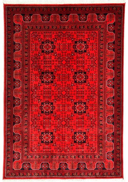 Çam Halı Bambos Plus 901 Kırmızı Yün ve Bambu ile Özel Tezgahlarda Üretilen Afgan Halısı Desenli El Emeği Modern Uşak Halısı