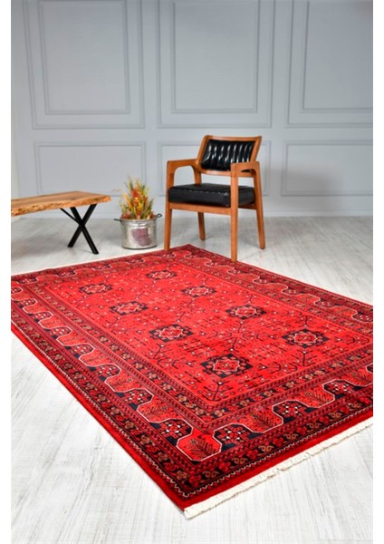 Çam Halı Bambos Plus 901 Kırmızı Yün ve Bambu ile Özel Tezgahlarda Üretilen Afgan Halısı Desenli El Emeği Modern Uşak Halısı