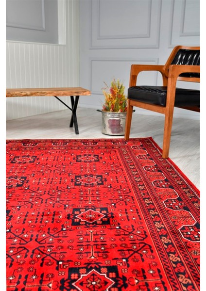 Çam Halı Bambos Plus 901 Kırmızı Yün ve Bambu ile Özel Tezgahlarda Üretilen Afgan Halısı Desenli El Emeği Modern Uşak Halısı