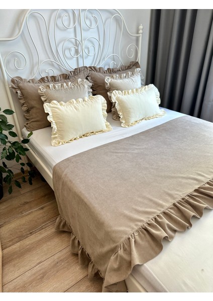 Decamor Home Sütlü Kahve Fırfırlı Yatak Runner Kırlent Seti Yatak Şalı Yatak Örtüsü Set Çift Kişilik