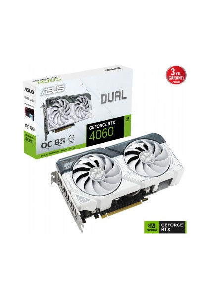 ASUS GEFORCE RTX 4060 DUAL-RTX4060-O8G-WHITE 8GB GDDR6 128bit 2535MHz OC HDMI 3xDP DLSS3 EKRAN KARTI - DUAL-RTX4060-O8G-WHITE