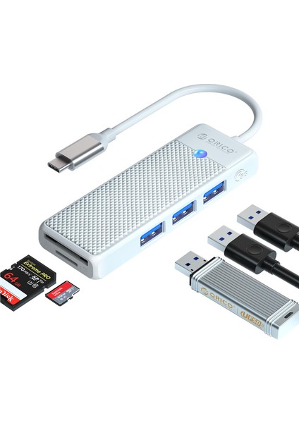 Type-C To 3.0 Tf Sd Kart Okuyucu 3 Portlu USB 3.0 Çoklayıcı Adaptör Beyaz