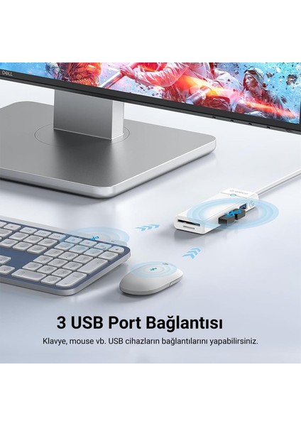 Type-C To 3.0 Tf Sd Kart Okuyucu 3 Portlu USB 3.0 Çoklayıcı Adaptör Beyaz