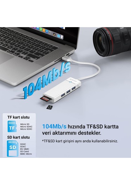 Type-C To 3.0 Tf Sd Kart Okuyucu 3 Portlu USB 3.0 Çoklayıcı Adaptör Beyaz