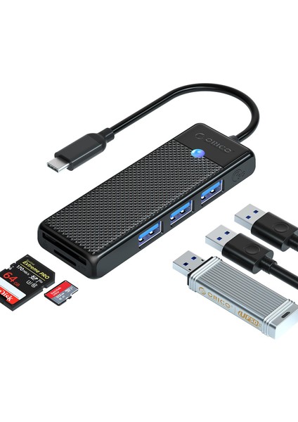 Type-C To 3.0 Tf Sd Kart Okuyucu 3 Portlu USB 3.0 Çoklayıcı Adaptör Siyah