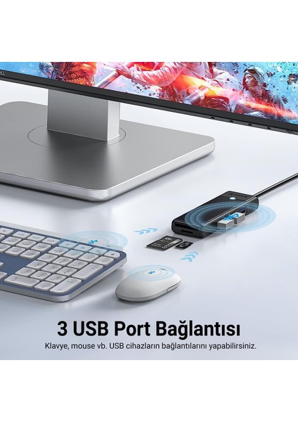 Type-C To 3.0 Tf Sd Kart Okuyucu 3 Portlu USB 3.0 Çoklayıcı Adaptör Siyah