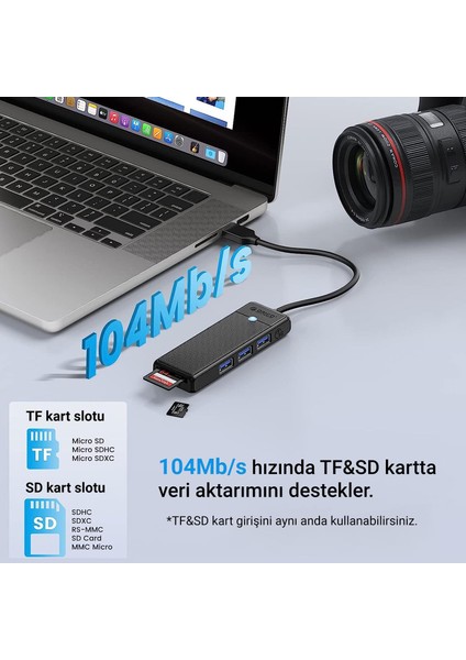 Type-C To 3.0 Tf Sd Kart Okuyucu 3 Portlu USB 3.0 Çoklayıcı Adaptör Siyah