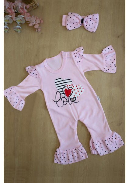 Ekru Kız Bebek Pembe Love Bandanalı Tulum Seti STL6227