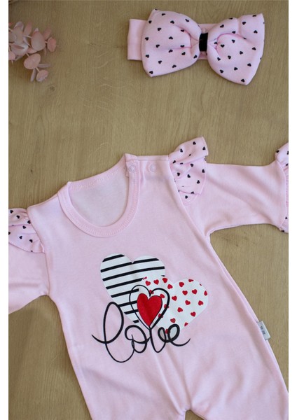 Ekru Kız Bebek Pembe Love Bandanalı Tulum Seti STL6227