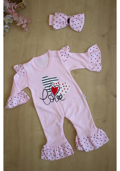 Ekru Kız Bebek Pembe Love Bandanalı Tulum Seti STL6227
