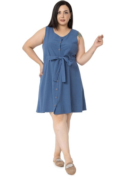 Büyük Beden Beli Tünelli Kolsuz Indigo Elbise