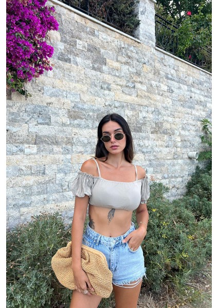 Omuzdan Baglamalı Crop Bluz