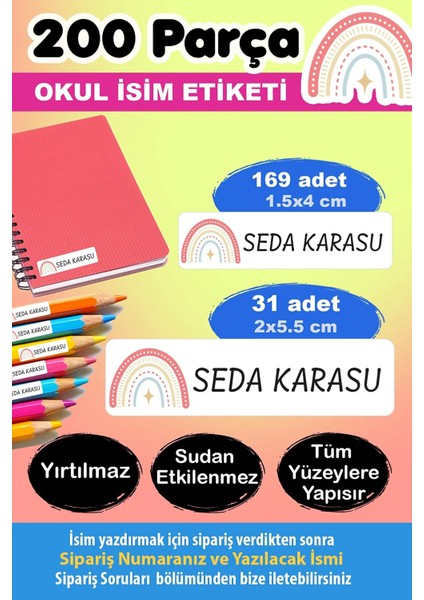 Gökkuşağı Kalem Defter Okul Etiketi - Kişiye Özel Isim Yazılabilen 200 Adet Etiket