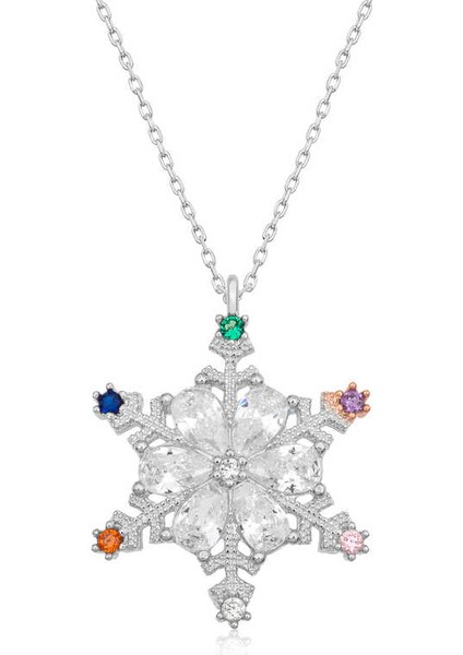 925 Ayar Gümüş Renkli Taşlı Kar Tanesi Kadın Gümüş Kolye