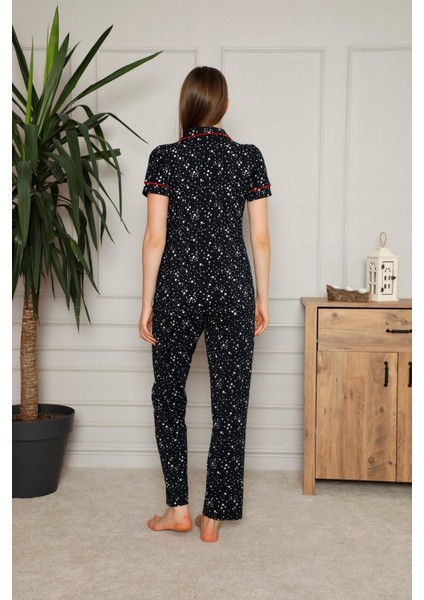 Kadın Siyah Yıldız Desen Gömlek Yaka Önden Düğmeli Kısa Kol Pamuk Pijama Takımı fırsatları
