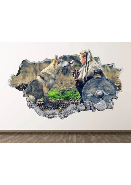 Savaşçı Kadın ve Kurt Full Hd Baskı 3D Modern Duvar Sticker