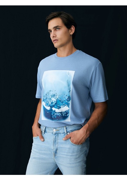 ErkekLogolu Baskılı Mavi T-shırt