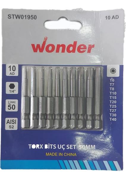 Torx Bits Uç Set 50Mm 10 Lu (T6,T7,T8,T10,T15,T20, T25, T27, T30,T40)