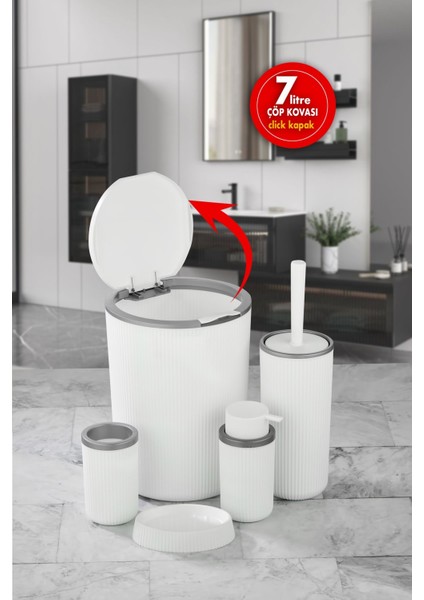 Sas Haus Çöp Kovası Tuvalet Fırçası Sıvı Sabunluk Diş Fırçalık Katı Sabunluk 5 Parça Banyo Seti 7 Litre Beyaz Gri Bg