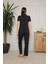 Kadın Siyah Yıldız Desen Gömlek Yaka Önden Düğmeli Kısa Kol Pamuk Pijama Takımı 4