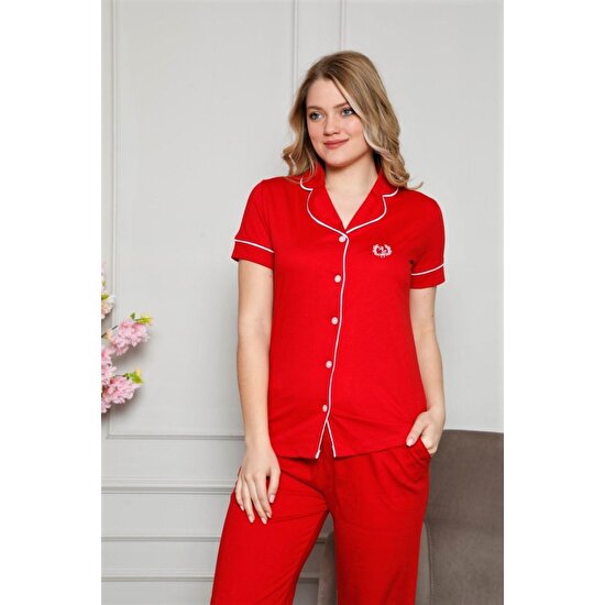 Bies Kadın Kırmızı Gömlek Yaka Beyaz Biyeli Önden Düğmeli Kısa Kol Pamuk Pijama Takımı