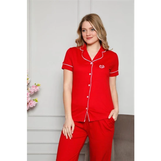 Bies Kadın Kırmızı Gömlek Yaka Beyaz Biyeli Önden Düğmeli Kısa Kol Pamuk Pijama Takımı