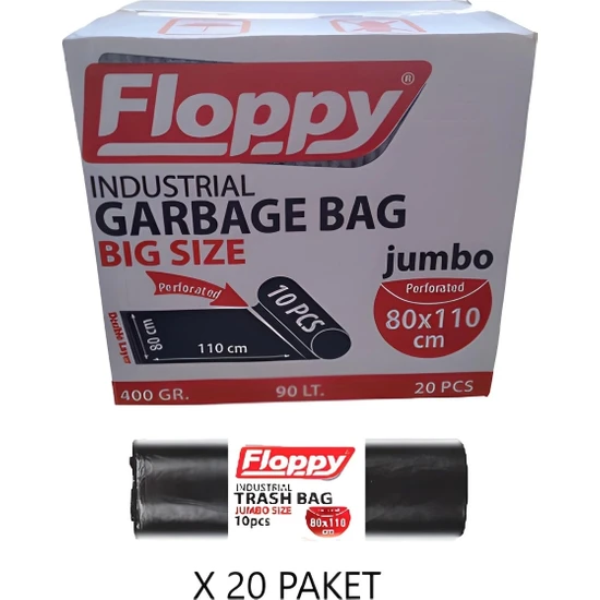 Floppy Çöp Torbası 80 x 110 cm Jumbo Boy 400 gr 1 Koli (20X10=200 Adet)