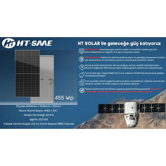 HT-SAAE HT72-166M 455 Wp Güneş Paneli Half-Cut Monokristal Yüksek Verimli Düşük LID ve PERC hücresi 9BB Ana Busbar Hatları