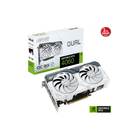 Asus GEFORCE RTX 4060 DUAL-RTX4060-O8G-WHITE 8GB GDDR6 128bit 2535MHz OC HDMI 3xDP DLSS3 EKRAN KARTI - DUAL-RTX4060-O8G-WHITE