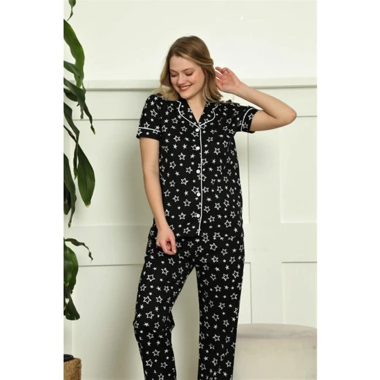 Bies Kadın Siyah Yıldız Desen Gömlek Yaka Önden Düğmeli Kısa Kol Pamuk Pijama Takımı