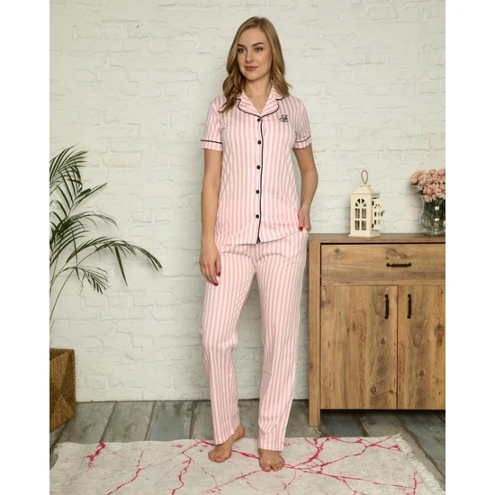 Alimer Kadın Pembe Beyaz Çizgili Pamuk Gömlek Yaka Önden Düğmeli Kısa Kol Pijama Takımı - Hamile Pijaması