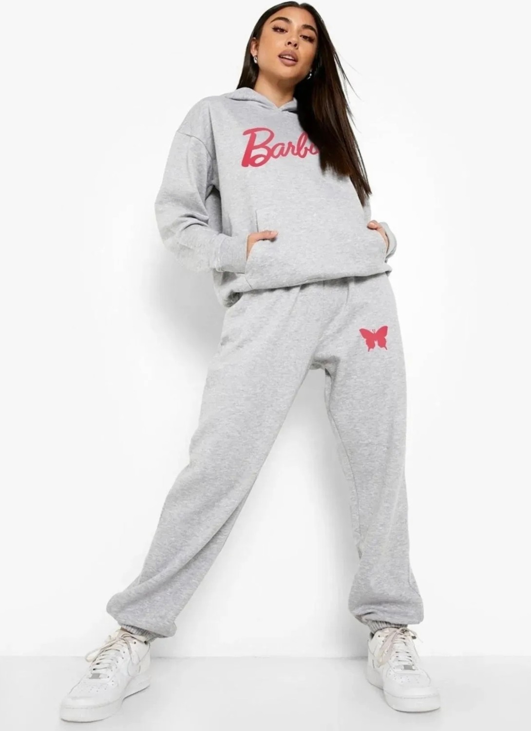 Amor Face Büyük Beden Özel Tasarım Kapüşonlu Barbie Baskılı 3 Iplik %100 Pamuk Yeni Trend Kadın Eşofman Takımı görsel 2