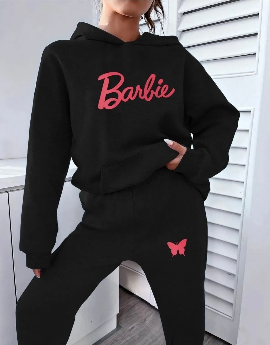 Amor Face Büyük Beden Özel Tasarım Kapüşonlu Barbie Baskılı 3 Iplik %100 Pamuk Yeni Trend Kadın Eşofman Takımı