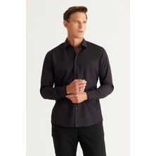 AC&Co / Altınyıldız Classics Erkek Siyah Ütülemesi Kolay Slim Fit Dar Kesim Klasik Yaka Pamuklu Gömlek