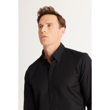ALTINYILDIZ CLASSICS Erkek Siyah Slim Fit Dar Kesim Düğmeli Yaka %100 Pamuk Oxford Gömlek