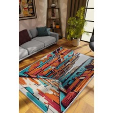 Homshtag Art Deco Sokak,Mavi Turuncu Beyaz Dekoratif Halı,Sokak Sanatı Temalı Graffiti Halısı,Renkli Genç Odası Halısı