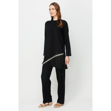 Esswaap Önü Şerit Aksesuar Detaylı Pantolon Tunik Takım Siyah