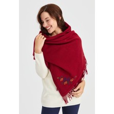 Desen Triko Kadın Triko Kenarı Çiçekli Yün Şal V.kırmızı