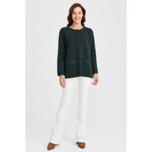 Desen Triko Kadın Sıfır Yaka Omzu ve Cebi Keçe Işlemeli Yün Ceket Yeşil