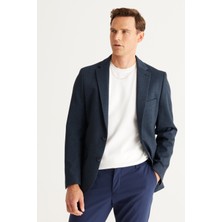 ALTINYILDIZ CLASSICS Erkek Siyah-lacivert Slim Fit Dar Kesim Mono Yaka Diagonal Desenli Blazer Ceket