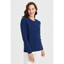 Desen Triko Kadın Sıfır Yaka Ortası Saç Örgü Yün Kazak Indigo