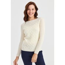 Desen Triko Kadın Sıfır Yaka Önü Yürütmeli Yün Kazak Kemik