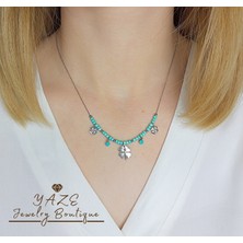 Yaze Jewelry Mavi Boncuklu Dört Yapraklı Yoncalı Yılan Zincirli Gümüş Renkli Çelik Kolye