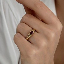 Hems Jewellery Altın Taşlı Burgulu Kubbe Yüzük Kırmızı