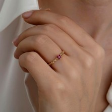 Hems Jewellery Altın Kare Taşlı Halat Kombinlenebilir Minimal Yüzük Pembe
